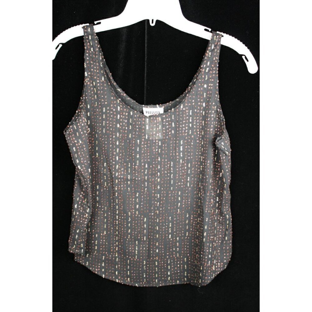VTG 80’s PREZZIA Women’s Black Chiffon Made in USA Scooped Neck Sparked Tank Sma